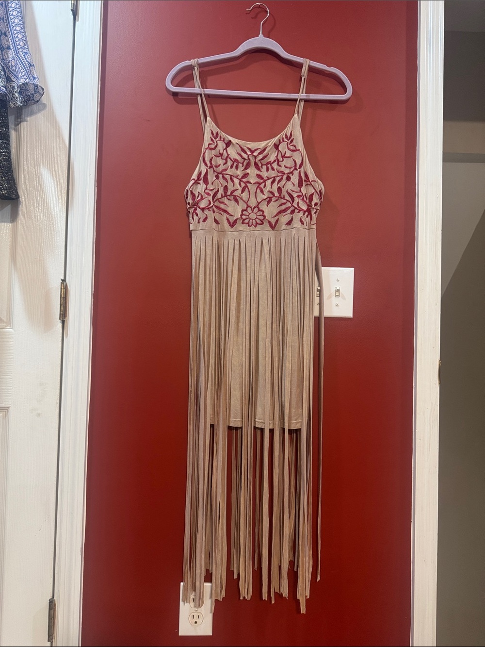 POL Beige Fringe Dress with Red Embroidery